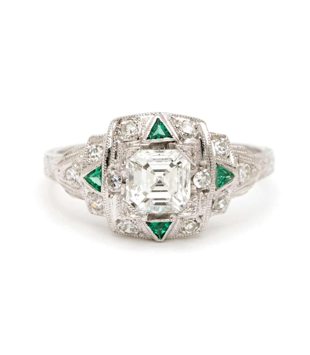 Art Deco Vintage Diamond and Emerald Engagement Ring from Sofia Kaman Fine Jewels