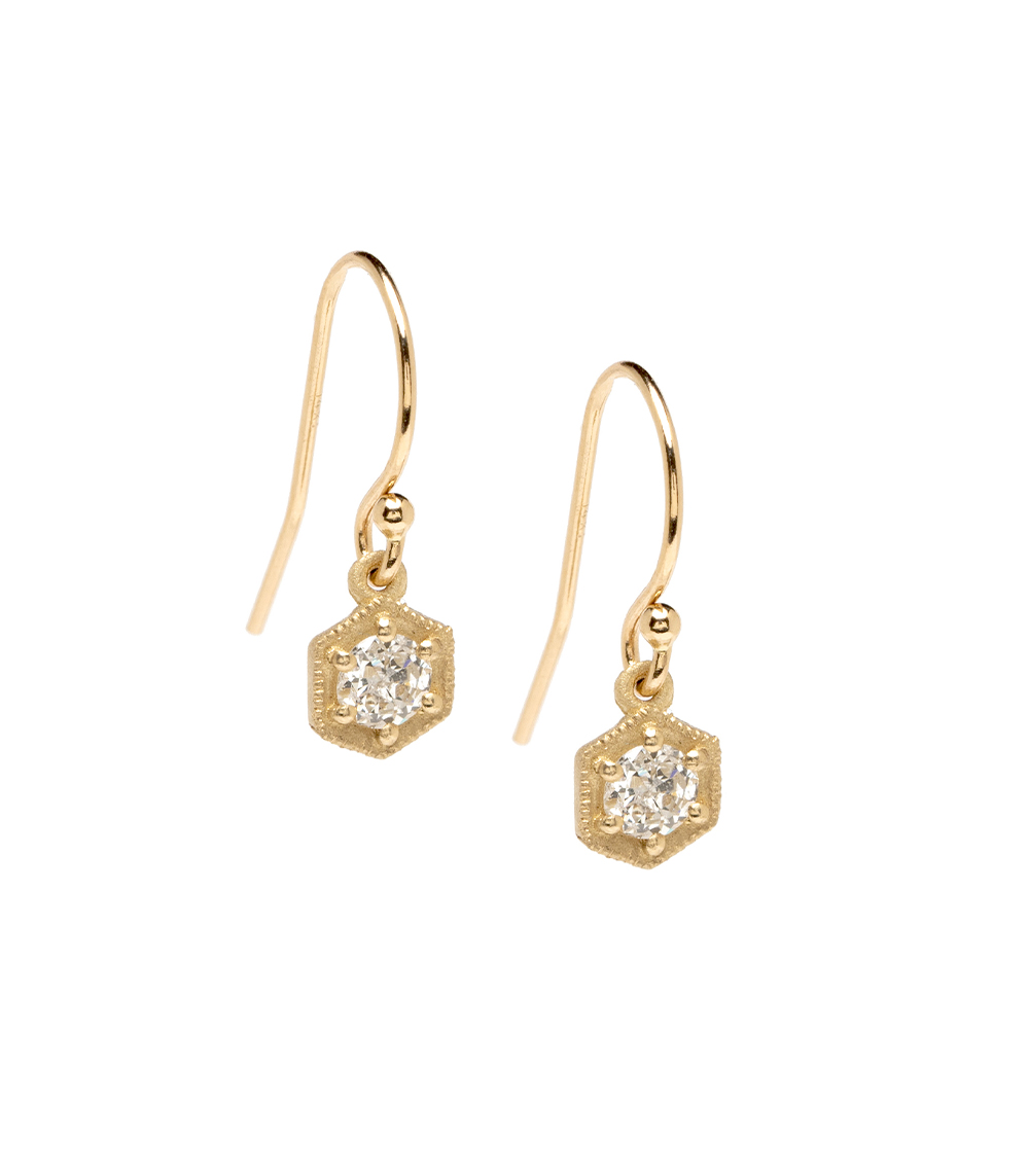 14K Gold Hexagon Rose Cut Diamond Boho Wedding Earrings designed by Sofia Kaman handmade in Los Angeles