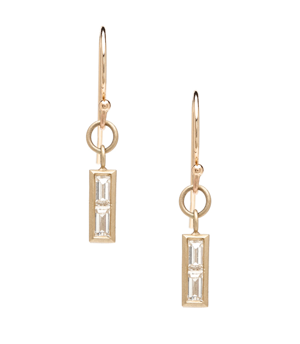 We’ve raised the bar with these 14K elongated diamond baguette dangle earrings! So sleek and modern. (approx. 0.49ctw). These understated earrings are every girl’s best friend: wear them with your favorite little black dress, at the office or to a casual brunch with the girls. What a wonderful gift for the girl who loves to accessorize with a minimalist style! designed by Sofia Kaman handmade in Los Angeles using our SKFJ ethical jewelry process. This piece has been sold and is in the SK Archive.