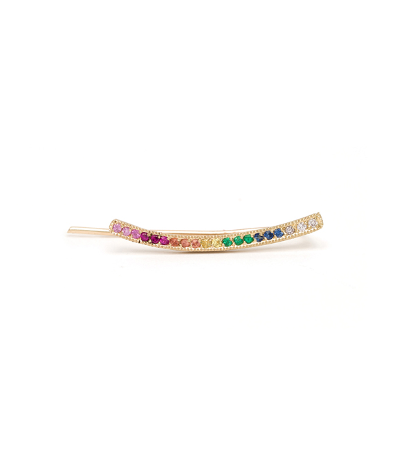 14k Matte Gold Rainbow Sapphire Pave Ear Climbers designed by Sofia Kaman handmade in Los Angeles using our SKFJ ethical jewelry process.