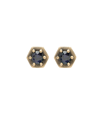 14K Matte Yellow Gold Blue Sapphire Hexagon Bridal Earrings Designed for Unique Engagement Rings designed by Sofia Kaman handmade in Los Angeles