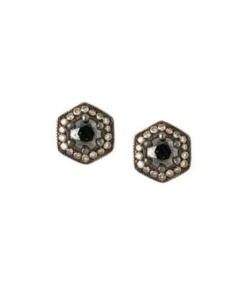 Diamond Halo Black Diamond Hexagon Earrings Perfect for Salt and Pepper Engagement Ring designed by Sofia Kaman handmade in Los Angeles