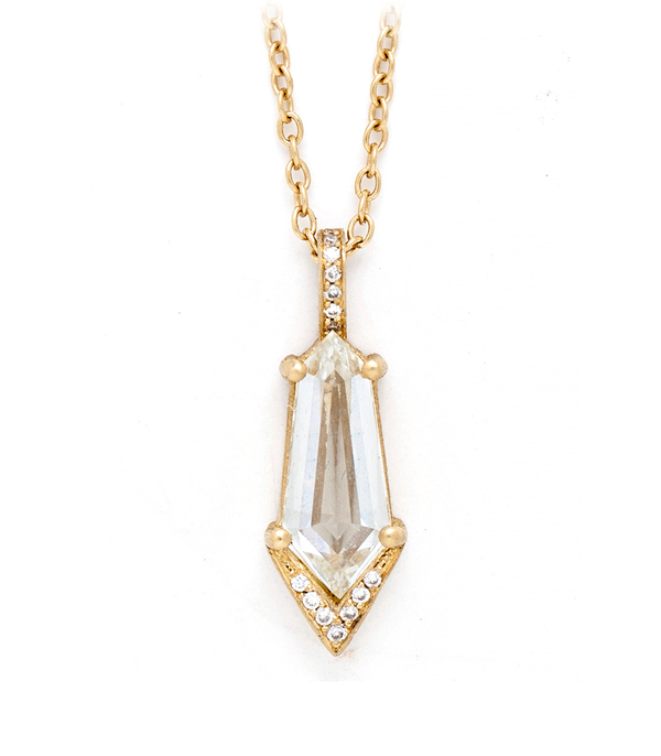 18k Matte Gold Elongated Hexagonal Cut Diamond Pave Pendant Necklace