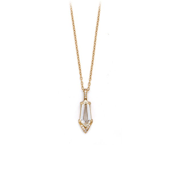 18k Matte Gold Elongated Hexagonal Cut Diamond Pave Pendant Necklace