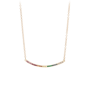 14k Gold Rainbow Sapphire Emerald Pave Diamond Bohemian Ombre Bar Necklace designed by Sofia Kaman handmade in Los Angeles