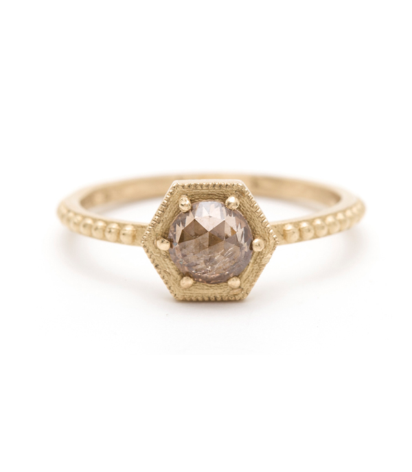 Rose Cut Champagne Diamond Hexagon Bohemian Engagement Ring designed by Sofia Kaman handmade in Los Angeles using our SKFJ ethical jewelry process. This piece has been sold and is in the SK Archive.