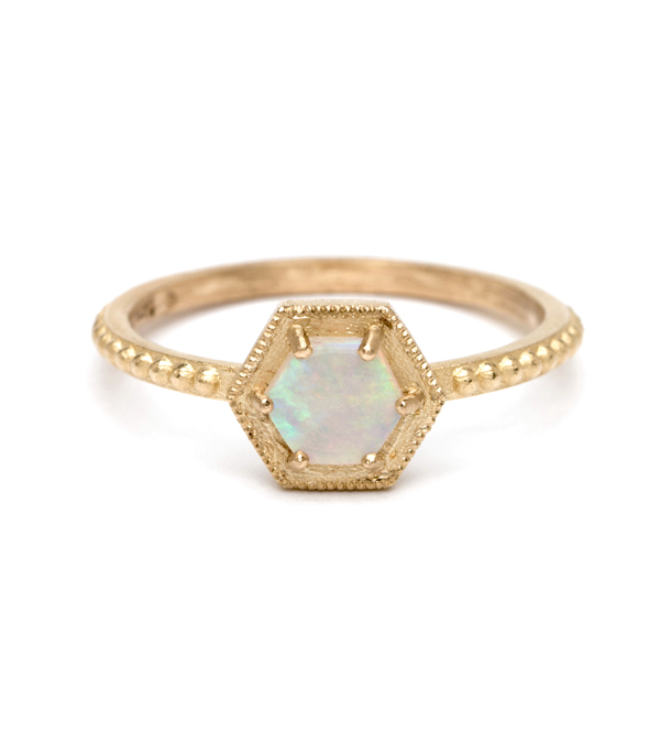 Opal Hexagon Halo Boho Stacking Ring designed by Sofia Kaman handmade in Los Angeles using our SKFJ ethical jewelry process. This piece has been sold and is in the SK Archive.