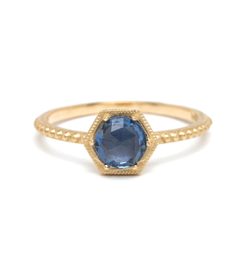 Blue Sapphire Hexagon One of a Kind Engagement Ring designed by Sofia Kaman handmade in Los Angeles