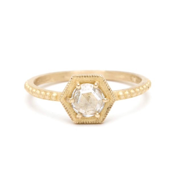Rose Cut Diamond Hexagon Handmade Bohemian Engagement Ring designed by Sofia Kaman handmade in Los Angeles using our SKFJ ethical jewelry process. This piece has been sold and is in the SK Archive.