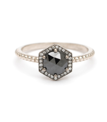 Rose Cut Black Diamond Hexagon Halo Boho Stacking Ring Bohemian Engagement Ring designed by Sofia Kaman handmade in Los Angeles