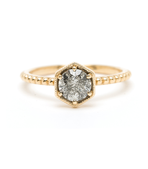 14K Shiny Yellow Gold Boho Hexagon Salt and Pepper Diamond Engagement Ring designed by Sofia Kaman handmade in Los Angeles using our SKFJ ethical jewelry process.
