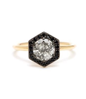 Hexagon Halo Black Diamond Unique Engagement Ring designed by Sofia Kaman handmade in Los Angeles