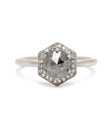 Platinum Hexagon Halo Salt and Pepper Rose Cut Diamond Unique Engagement Ring for Bohemian Bride - designed by Sofia Kaman handmade in Los Angeles