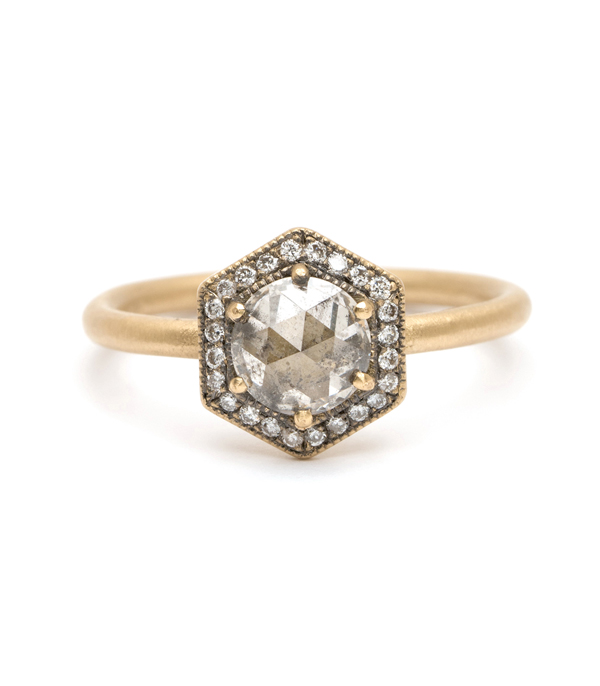 18k Matte Gold Hexagon Diamond Halo Salt and Pepper Rose Cut Diamond Engagement Ring