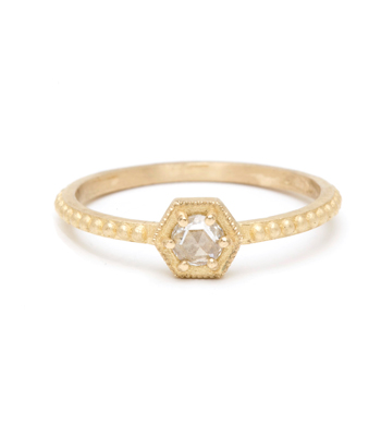 Hexagon Rose Cut Diamond Bohemian Handmade Engagement Ring designed by Sofia Kaman handmade in Los Angeles