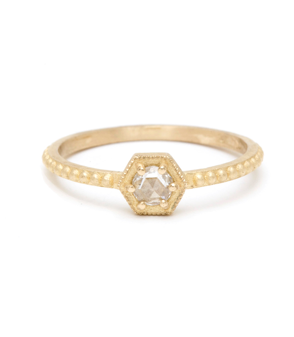 Gold Rose Cut Diamond East West Hexagon Setting Stacking Ring