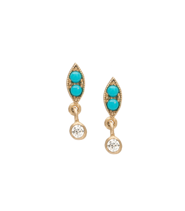 14K Matte Gold Leaf Shaped Turquoise Accent Diamond Pod Drop Boho Everyday Earrings designed by Sofia Kaman handmade in Los Angeles using our SKFJ ethical jewelry process.
