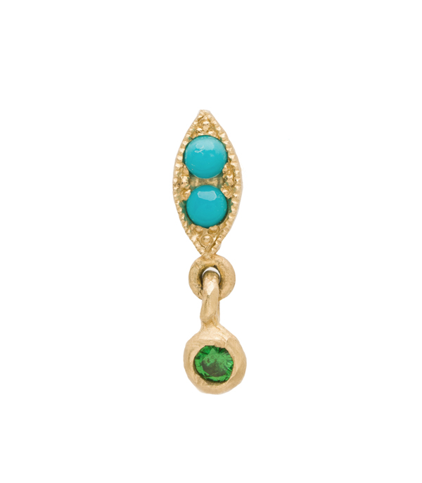 Nature Inspired 14k Gold Turquoise Single Leaf Dangle Emerald Bohemian Single Earring designed by Sofia Kaman handmade in Los Angeles using our SKFJ ethical jewelry process.