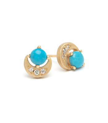 14K Gold Turquoise Diamond Crescent Boho Earrings perfect for Unique Engagement Rings designed by Sofia Kaman handmade in Los Angeles