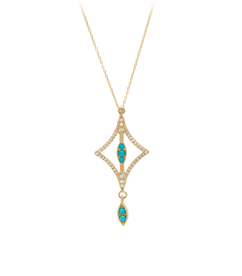 Gold Diamond Turquoise Boho Bridal Necklace goes with most Engagement Ring Styles designed by Sofia Kaman handmade in Los Angeles