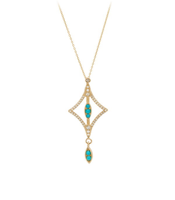 Gold Diamond Turquoise Boho Bridal Necklace goes with most Engagement Ring Styles designed by Sofia Kaman handmade in Los Angeles using our SKFJ ethical jewelry process.