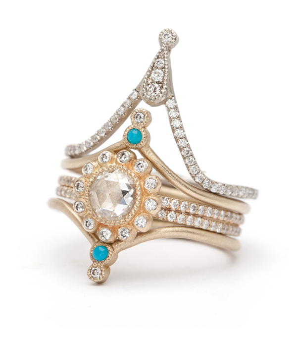 Turquoise And Diamond Tiara Ring Stacked