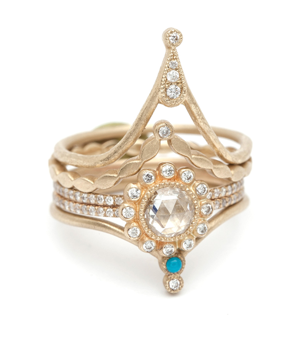 Turquoise And Diamond Tiara Ring Stacked