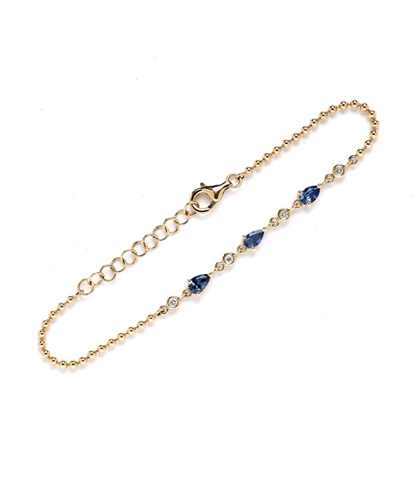 14K Gold Bracelet with Blue Sapphires Gift for the Bride designed by Sofia Kaman handmade in Los Angeles using our SKFJ ethical jewelry process.