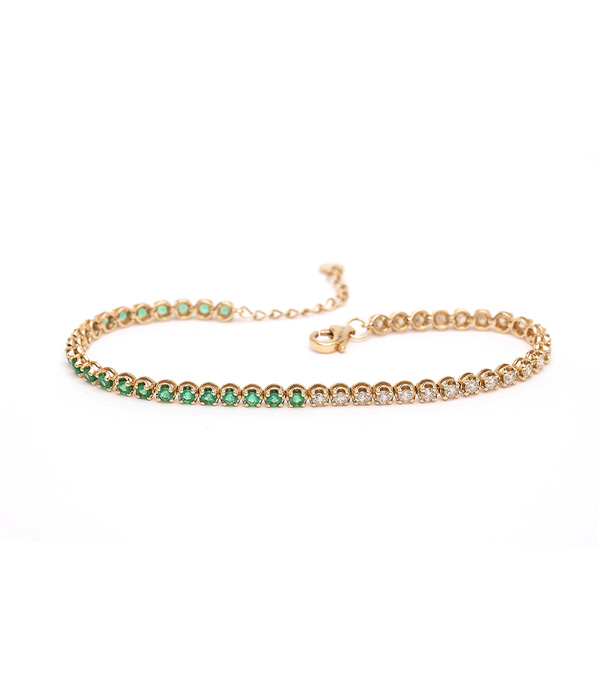 14K Gold Bracelet with half Diamonds and half Emerald. Makes a Great Gift for Mom or Emerald May Birthstone Birthday Gift designed by Sofia Kaman handmade in Los Angeles using our SKFJ ethical jewelry process.