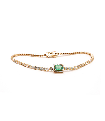 14K Gold Emerald Bracelet with a Brilliant Cut Diamond and a Dainty Diamond Halo of Course Makes a Perfect Gift for Mom designed by Sofia Kaman handmade in Los Angeles