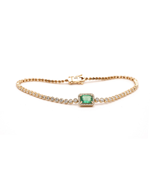 14K Gold Emerald Bracelet with a Brilliant Cut Diamond and a Dainty Diamond Halo of Course Makes a Perfect Gift for Mom designed by Sofia Kaman handmade in Los Angeles using our SKFJ ethical jewelry process.