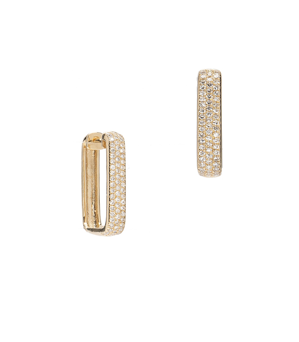 14k Gold Diamond Encrusted Paperclip Shaped Earrings for 3 Carat Diamond Ring designed by Sofia Kaman handmade in Los Angeles using our SKFJ ethical jewelry process.