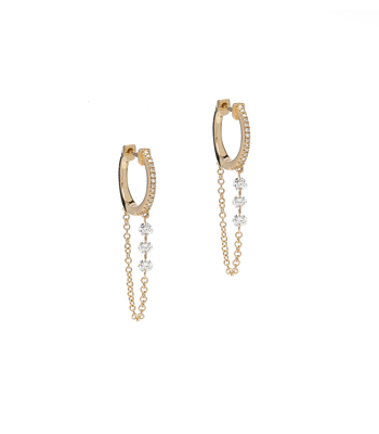 14k Gold Diamond Huggie Chain Drop Earrings for 3 Carat Diamond Ring designed by Sofia Kaman handmade in Los Angeles