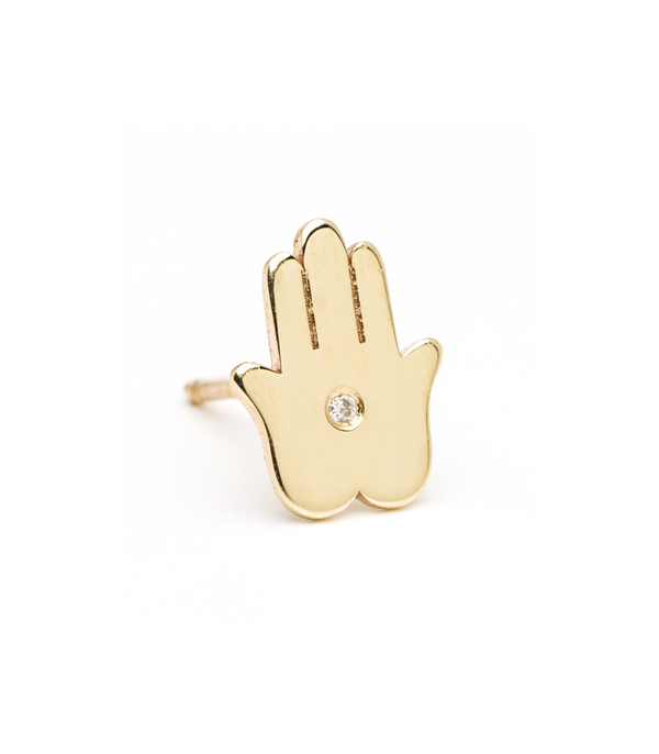 14K Shiny Yellow Gold Diamond Accent Hamsa Hand Single Stud Earring Gift Prefect for Mixing and Matching designed by Sofia Kaman handmade in Los Angeles using our SKFJ ethical jewelry process.