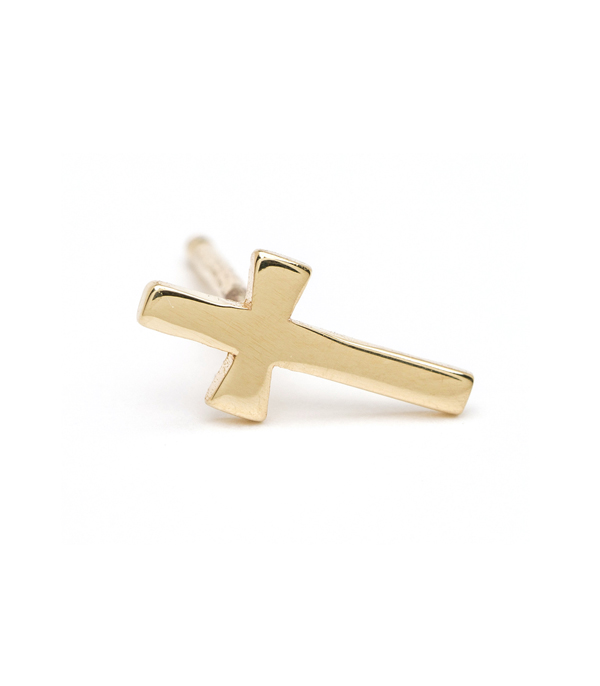 14K Shiny Yellow Gold Single Cross Stud Earring for Mixing and Matching Perfect Gift designed by Sofia Kaman handmade in Los Angeles using our SKFJ ethical jewelry process.