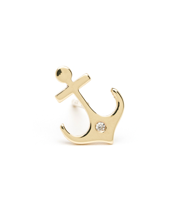 14K Shiny Yellow Gold Nautical Gift Diamond Set Anchor Single Stud Earring for Mix and Match designed by Sofia Kaman handmade in Los Angeles using our SKFJ ethical jewelry process.
