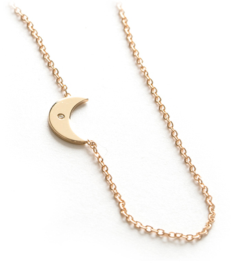 14K Shiny Yellow Gold Diamond Accent Tiny Crescent Moon Charm Necklace Perfect Gift designed by Sofia Kaman handmade in Los Angeles