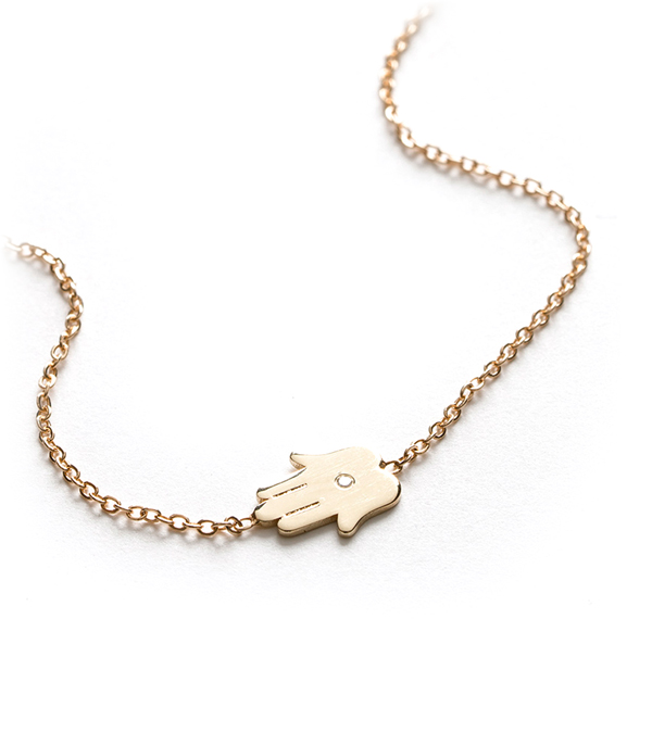 14K Shiny Gold Diamond Set Tiny Hand Hamsa Charm Necklace Perfect Gift designed by Sofia Kaman handmade in Los Angeles using our SKFJ ethical jewelry process.