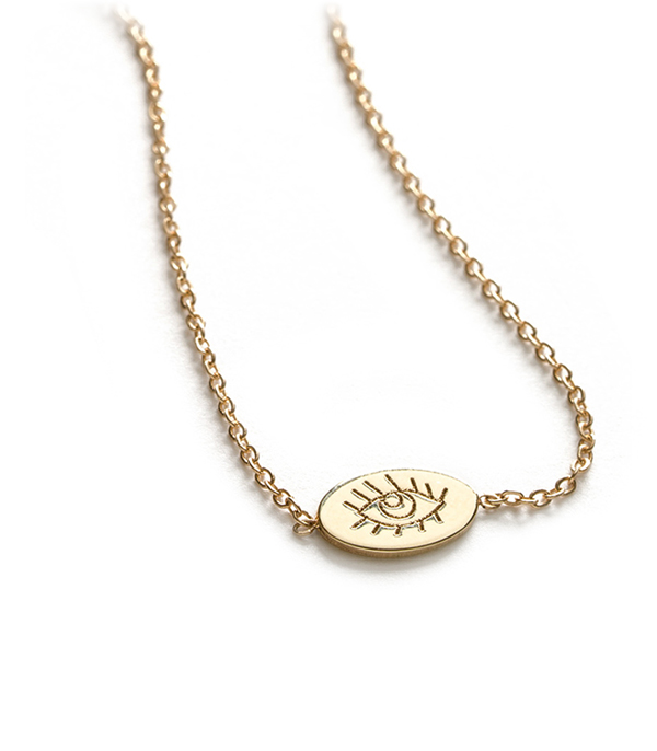 14K Yellow Shiny Gold Lover's Eye Charm Necklace Gift Idea designed by Sofia Kaman handmade in Los Angeles using our SKFJ ethical jewelry process.