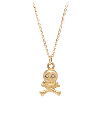 14K Gold Diamond Eyes Skull and Cross Bones Necklace designed by Sofia Kaman handmade in Los Angeles