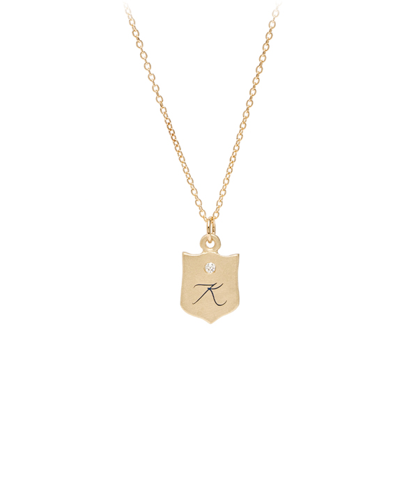 14K Gold Diamond Engraved Enamel Initial Baby Shield Necklace for One of a Kind Engagement Rings designed by Sofia Kaman handmade in Los Angeles using our SKFJ ethical jewelry process.