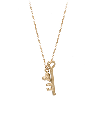 16 Inch 14K Yellow Gold Key and Heart Charm Necklace designed by Sofia Kaman handmade in Los Angeles