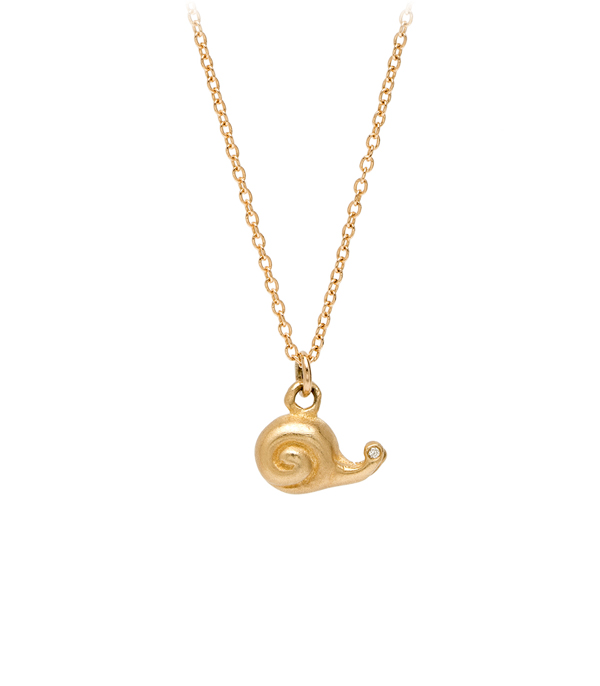 14K Yellow Gold Diamond Eyes Cute Snail Necklace Perfect Gift for Girlfriend or Bridesmaid designed by Sofia Kaman handmade in Los Angeles using our SKFJ ethical jewelry process.