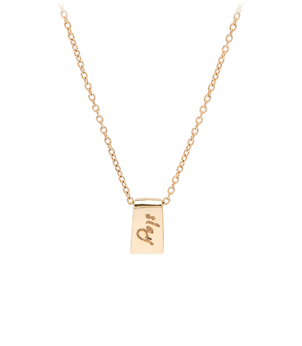 14K Yellow Gold Tiny Tag Engravable Charm Necklace Perfect for Girlfriend and BFF designed by Sofia Kaman handmade in Los Angeles using our SKFJ ethical jewelry process.
