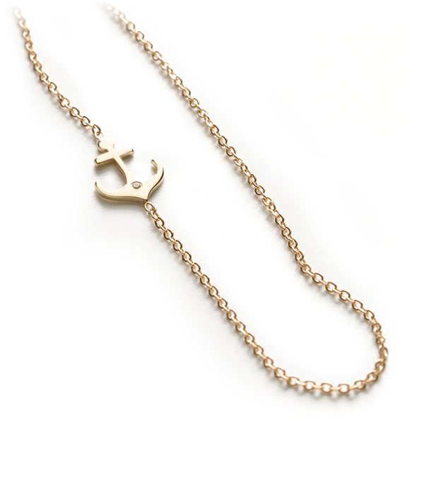 14k Shiny Yellow Gold Nautical Diamond Accent Anchor Charm Necklace Gift Idea designed by Sofia Kaman handmade in Los Angeles using our SKFJ ethical jewelry process.