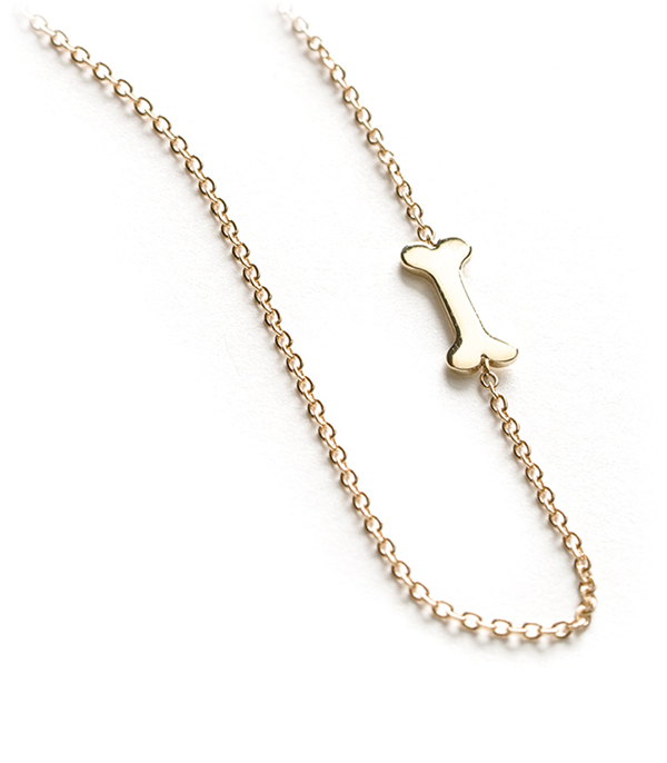 14K Shiny Yellow Gold Dog Bone Charm Pet Lover Gift Idea Necklace designed by Sofia Kaman handmade in Los Angeles using our SKFJ ethical jewelry process.