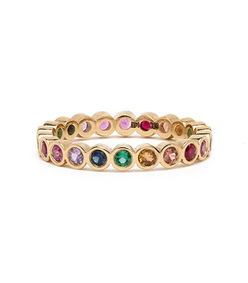 Rainbow Rings 14K Gold Mult-Color Sapphire Eternity Band with Bezel Set for a Unique Wedding Band that Pairs Perfectly with Engagement Rings for Women designed by Sofia Kaman handmade in Los Angeles