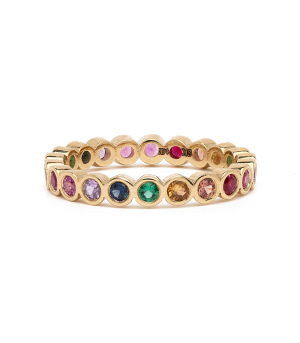 14K Gold Mult-Color Sapphire Eternity Band with Bezel Set for a Unique Wedding Band that Pairs Perfectly with Engagement Rings for Women designed by Sofia Kaman handmade in Los Angeles using our SKFJ ethical jewelry process.