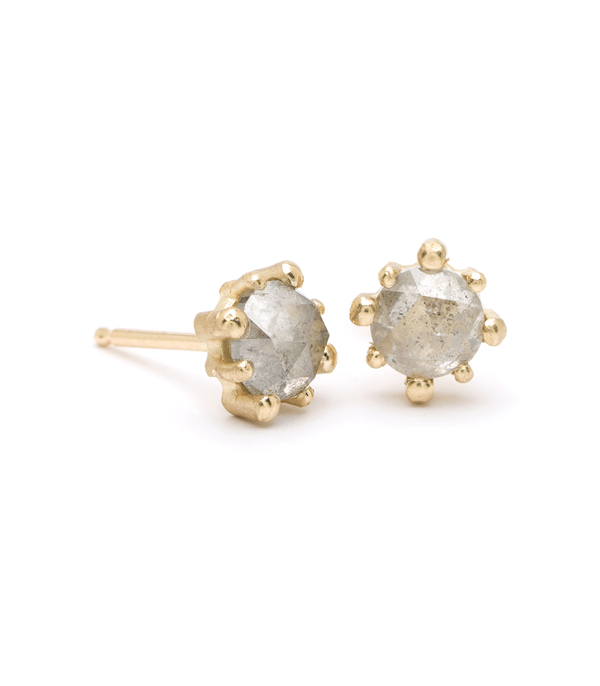 Gold Stud Salt and Pepper Diamond Bohemian Bridal Earrings designed by Sofia Kaman handmade in Los Angeles using our SKFJ ethical jewelry process. This piece has been sold and is in the SK Archive.