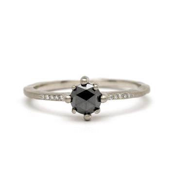 14K White Gold One of a Kind Star Prong Black Diamond Boho Engagement Ring designed by Sofia Kaman handmade in Los Angeles
